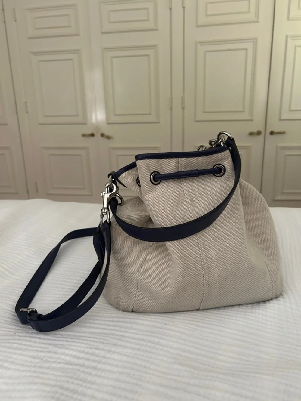 Coach Canvas + Navy Leather Drawstring Shoulder Bucket Bag Silver Hardware